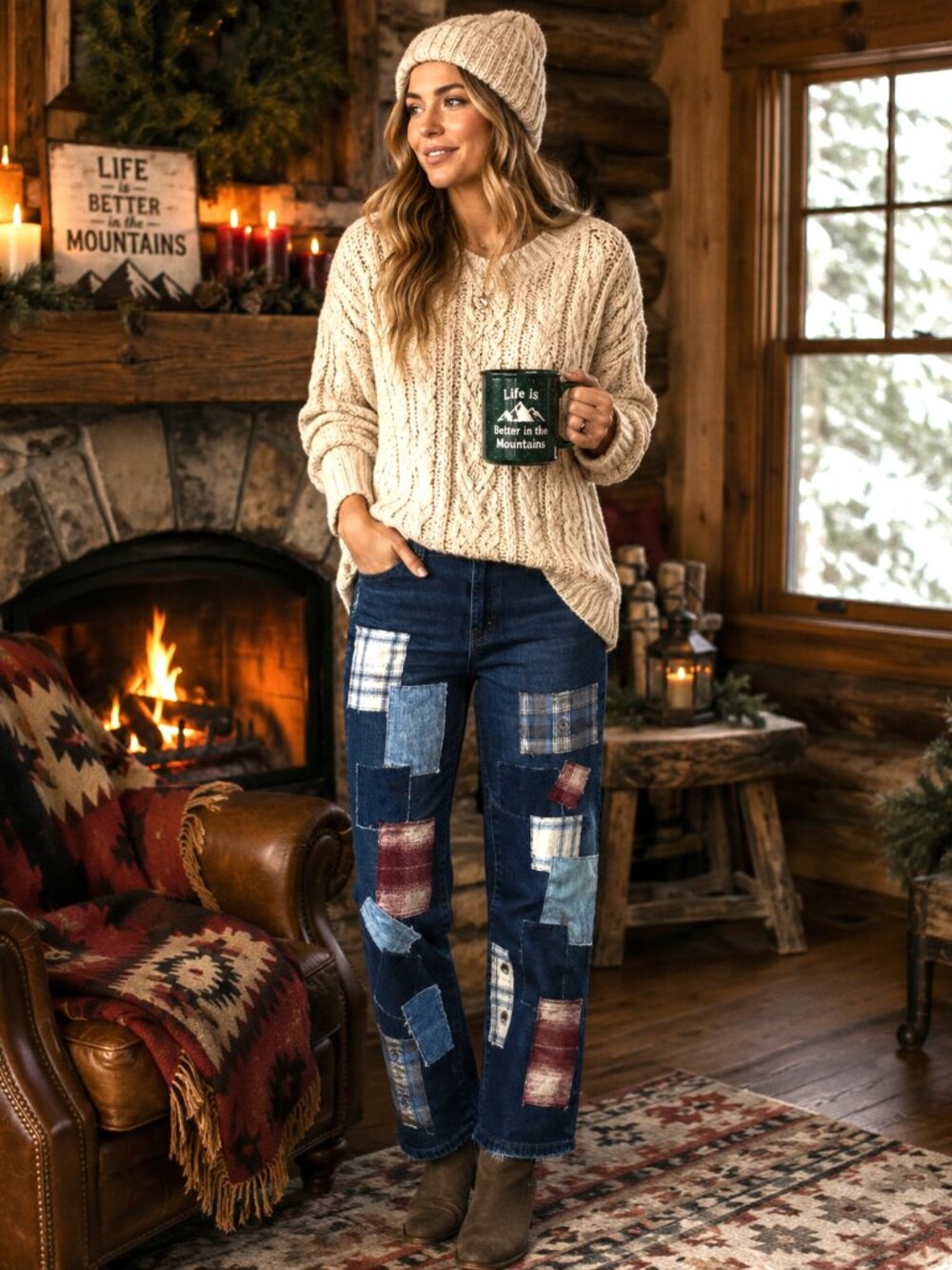 Flannel Patchwork Jeans Upcycled Distressed Denim & Plaid Funky Pants Size 16